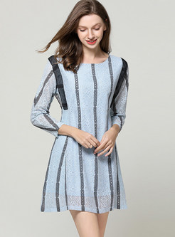 Color-blocked Striped Splicing Lace Mini Dress