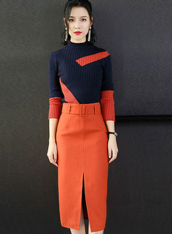 Stylish Color-blocked Knitted Sweater & High Waist Wrap Skirt