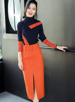 Stylish Color-blocked Knitted Sweater & High Waist Wrap Skirt
