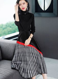 Chic Long Sleeve Sweater & High Waist Hit Color Pleated Skirt