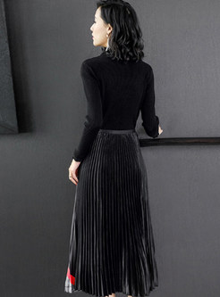 Chic Long Sleeve Sweater & High Waist Hit Color Pleated Skirt