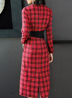 Fashion Red Long Sleeve Plaid Splicing Split Dress