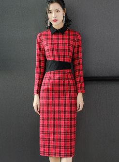 Fashion Red Long Sleeve Plaid Splicing Split Dress