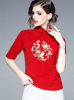 Red High Neck Embroidered Half Sleeve T-shirt