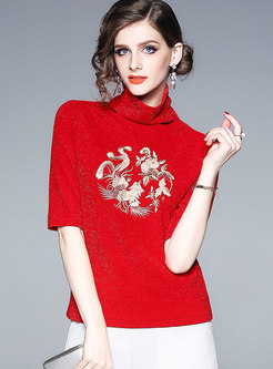 Red High Neck Embroidered Half Sleeve T-shirt