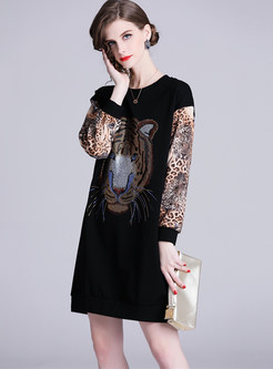 O-neck Plus Size Leopard Splicing Loose T-Shirt Dress