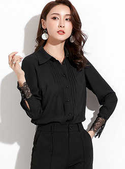 Trendy Black Lace Stitching Shift Blouse