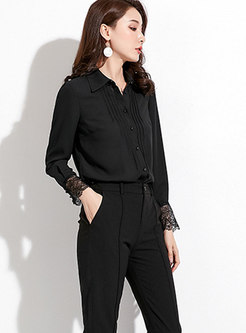 Trendy Black Lace Stitching Shift Blouse