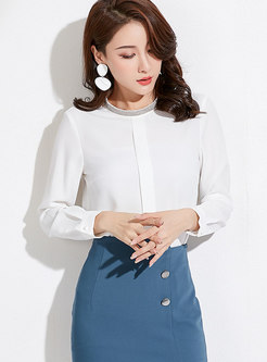 White Casual Standing Collar Long Sleeve Chiffon Blouse
