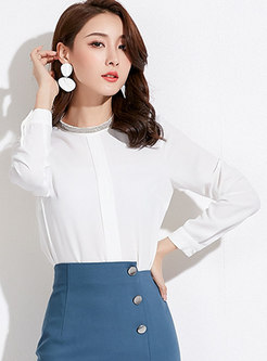 White Casual Standing Collar Long Sleeve Chiffon Blouse