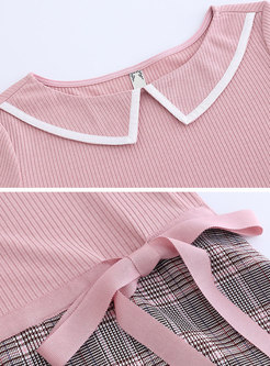 Stylish Pink Stitching Knitted Plaid A Line Dress