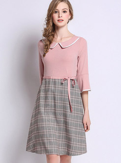 Stylish Pink Stitching Knitted Plaid A Line Dress