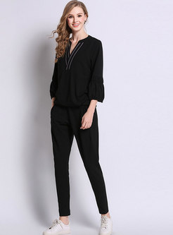 Casual Black V-neck Long Sleeve Top & High Waist Slim Pants