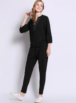 Casual Black V-neck Long Sleeve Top & High Waist Slim Pants