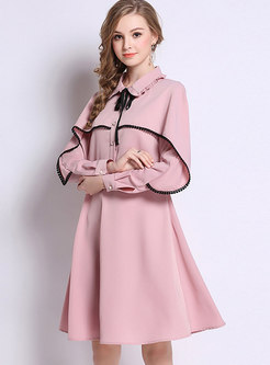 Chic Pink Turn-down Collar Gathered Waist Dress With Bowknot