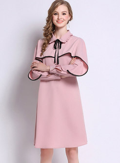 Chic Pink Turn-down Collar Gathered Waist Dress With Bowknot