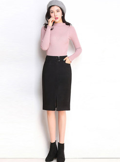 Brief Pure Color High Waist Slit Bodycon Skirt
