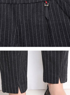Elastic High Waist Striped Slit Long Pencil Pants