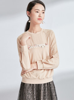 Casual Letter Print Lace Splicing Sweatshirt