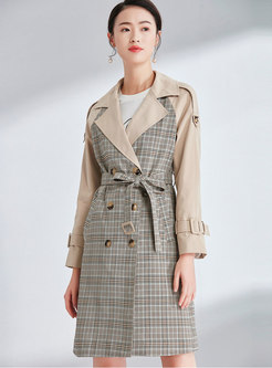 Elegant Plaid Splicing Notched Double-breasted Slim Trench Coat