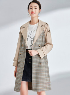 Elegant Plaid Splicing Notched Double-breasted Slim Trench Coat