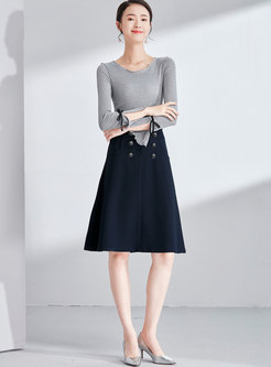 Brief Grey Flare Sleeve Slim Sweater & High Waist Double-breasted A Line Skirt