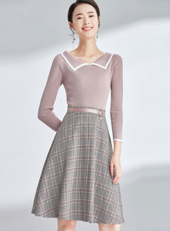 Color-blocked Lapel Slim Top & High Waist Grid A Line Skirt