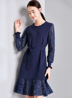 Lace Splicing O-neck Tie-waist Falbala Knitted Dress