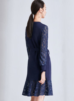 Lace Splicing O-neck Tie-waist Falbala Knitted Dress