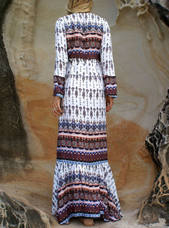 Bohemia Deep V-neck Split Print Long Sleeve Dress