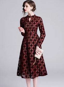 Standing Collar Long Sleeve Lace A Line Dress