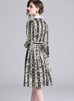 Color-blocked Lapel Lace Splicing Letter Print Dress
