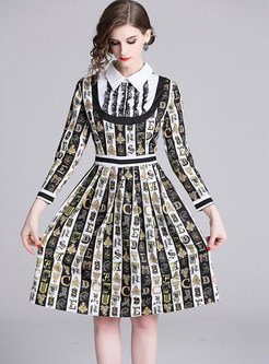 Color-blocked Lapel Lace Splicing Letter Print Dress