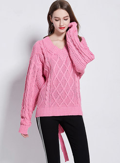 V-neck Long Sleeve Backless Tied Pullover Sweater