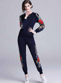 Casual O-neck Long Sleeve Embroidered Sweatshirt Suit