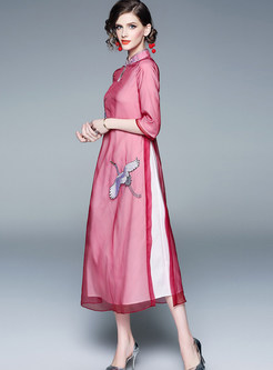 Mandarin Collar Crane Embroidered Slit Shift Dress