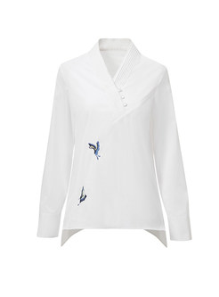 V-neck Long Sleeve Butterfly Embroidered Blouse
