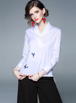 V-neck Long Sleeve Butterfly Embroidered Blouse