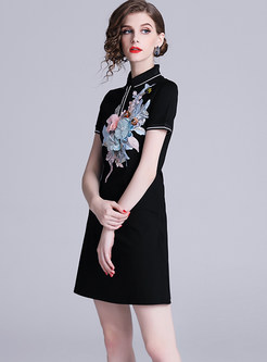 Lapel Short Sleeve Embroidered Beaded Bodycon Dress