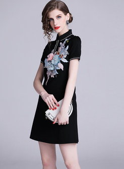 Lapel Short Sleeve Embroidered Beaded Bodycon Dress