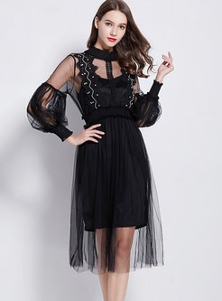 Black Sexy Perspective Lantern Sleeve Dress With Sling