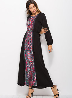 Fashion Black Crew-neck Long Sleeve Printed Maxi Dress