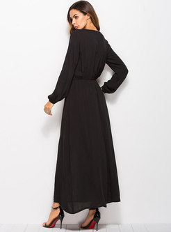Fashion Black Crew-neck Long Sleeve Printed Maxi Dress