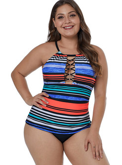 Striped Hollow Out Plus Size One Piece Swimwear