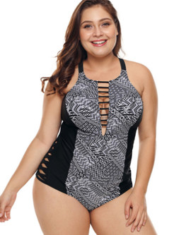 Hollow Out Print Color-blocked One Piece Swimwear