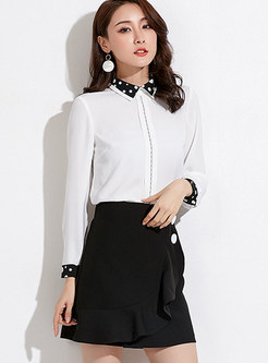 White Contrast-collar Dots Chiffon Pullover Blouse