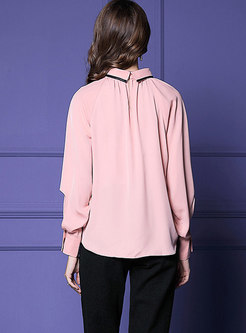 Pink Standing Collar Chiffon Blouse With Bowknot