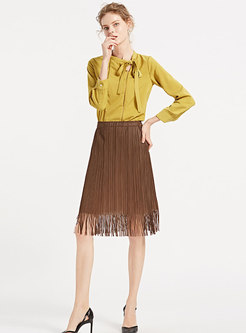 Caramel Mid Waist Loose Pleated Knee-length Skirt