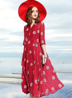 Red V-neck Half Sleeve Dots Plus Size Dress