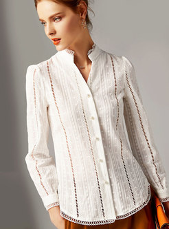 Casual White Standing Collar Hollow Out Blouse